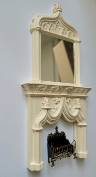 1/12th scale Gothic Fireplace, Overmantel Mirror and Grate by Sue Cook