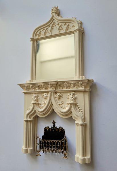 1/12th scale Gothic Fireplace, Overmantel Mirror and Grate by Sue Cook