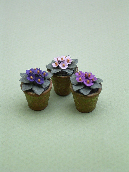 3 African Violets Paper Flower Kit  for 1/12th scale Dollhouses, Florists and Miniature Gardens